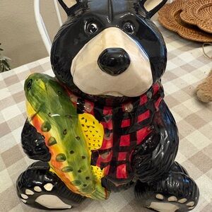 Ceramic Black Bear Cookie Jar with Red Plaid Scarf and Colorful Fish